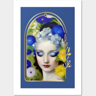 Abstract Vintage Style Woman Surrounded by Flowers Posters and Art